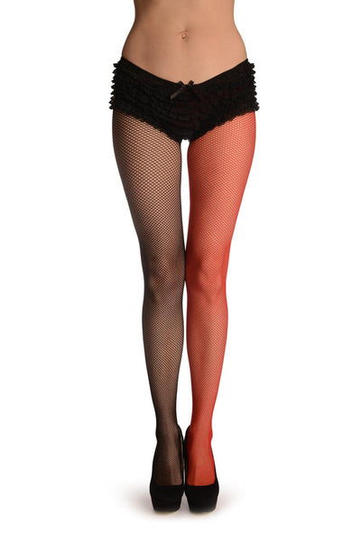 One Leg Red & One Leg Black Fishnet