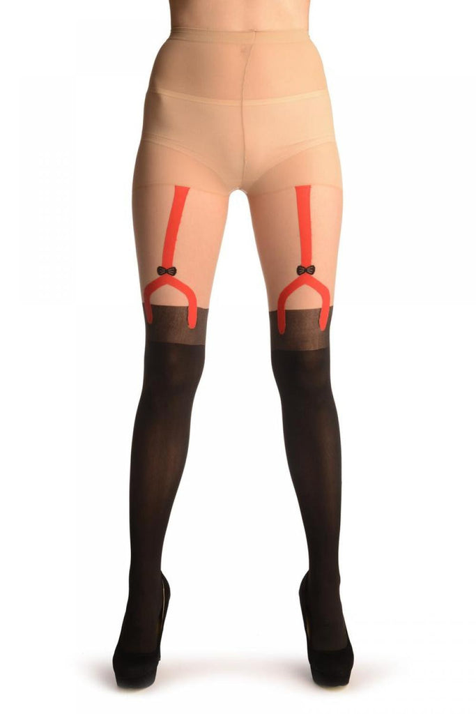 Black With Faux Stockings & Red Garter Belt | LissKiss Black With Faux Stockings & Red Garter Belt | LissKiss