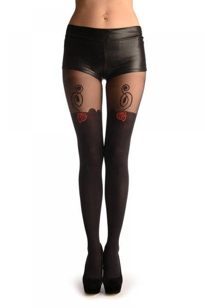 Red Woven Rose On Black Faux Stockings