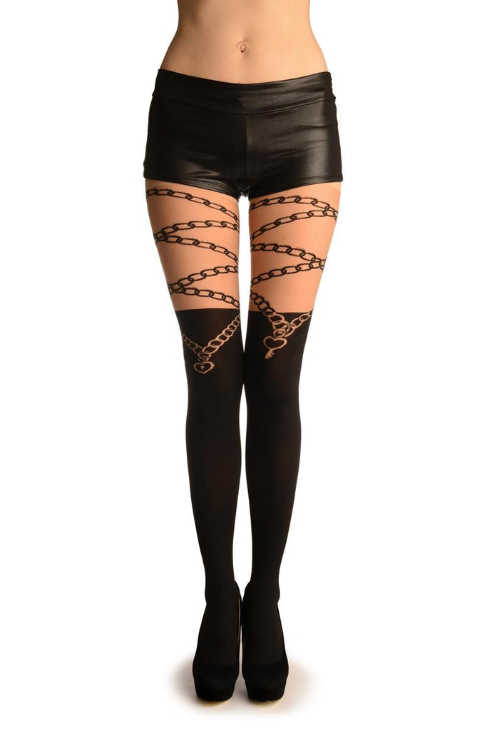 Black Faux Stockings With Lock & Key Wrapping Chain