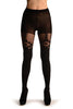 Black Opaque With Sheer Geometrical Faux Garter Tights