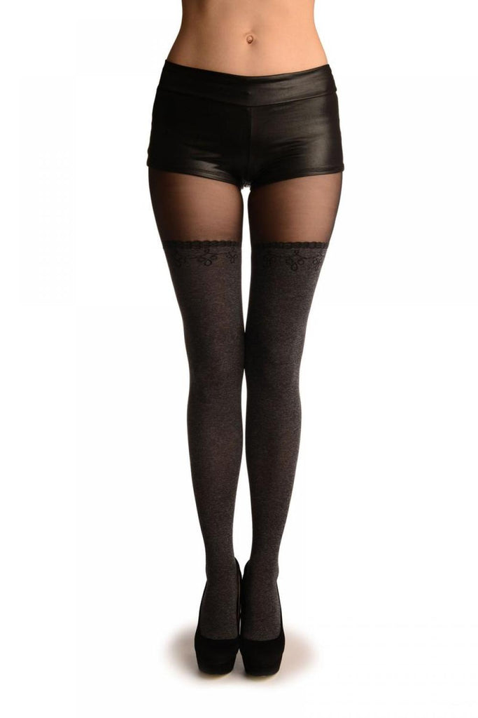 Grey Opaque Faux Stockings With Black Top Tights