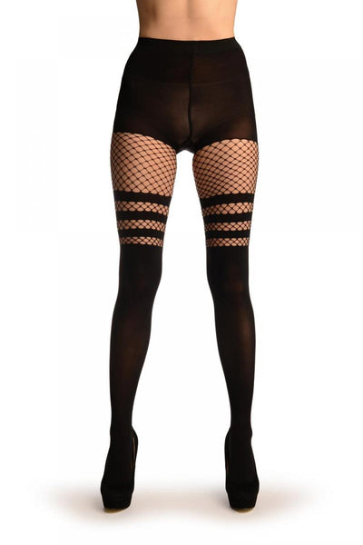 Black Opaque With Striped Fishnet Top
