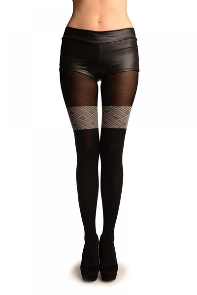 Black With Woven Grey Overlapping Stripes Top Faux Stockings Tights