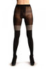 Black With Woven Grey Overlapping Stripes Top Faux Stockings Tights