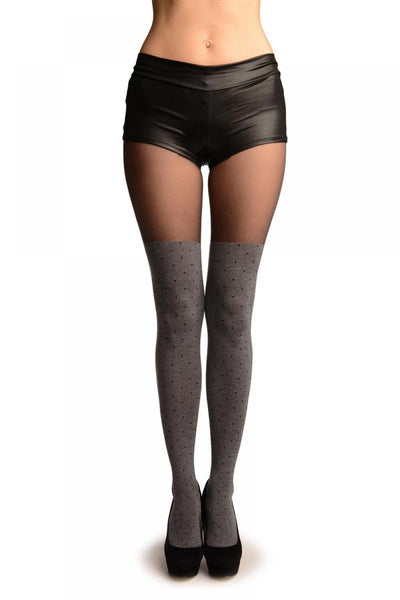 Grey With Black Polka Dots Faux Stockings With Sheer Top Tights