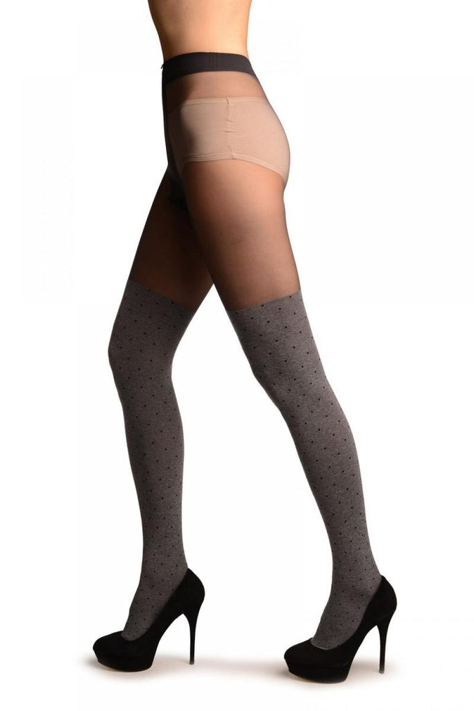 Grey With Black Polka Dots Faux Stockings With Sheer Top Tights
