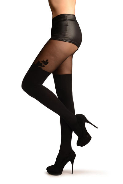 Black Opaque Faux Stockings With Roses And Sheer Top Tights