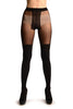 Black Opaque Faux Stockings With Roses And Sheer Top Tights