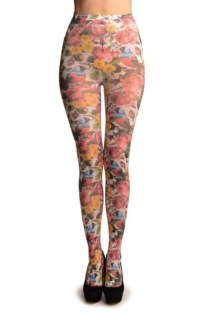 Birds & Roses On White Printed Tights