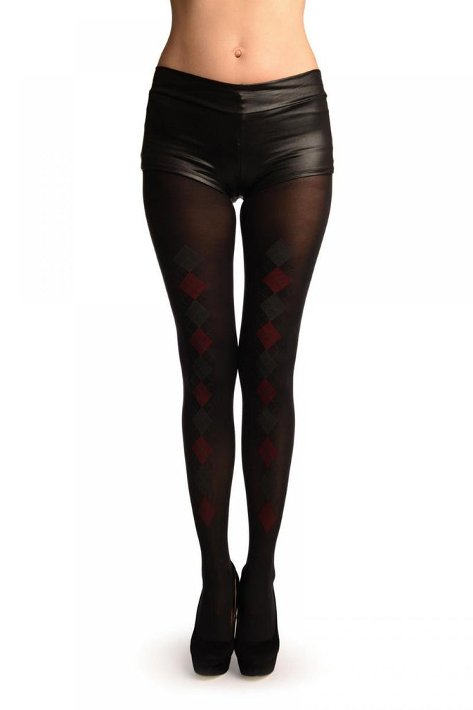 Black With Woven Red & Dark Grey Diamonds Tights