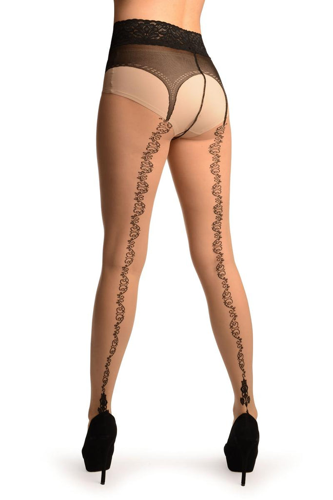 Beige Crotchless With Floral Seam &Silicon Lace Top Tights